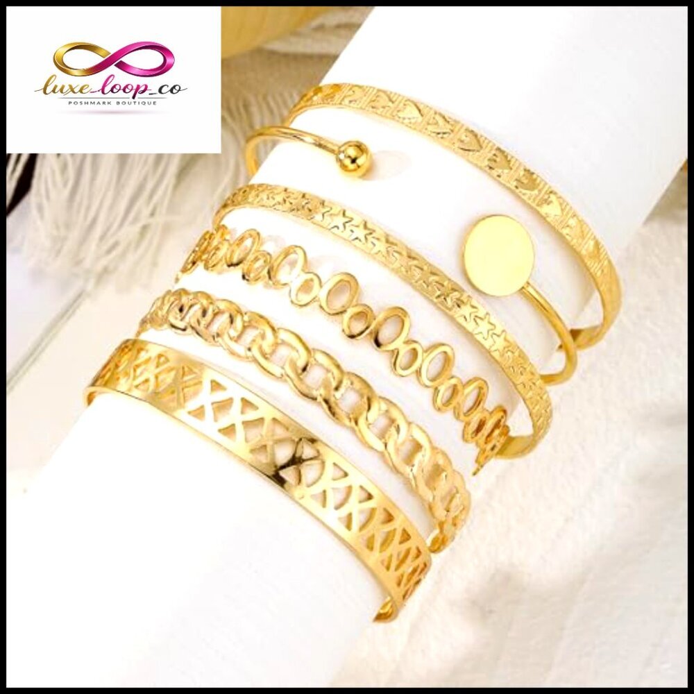 Adjustable 14k Gold Plated Bangle Bracelet Set, Multi-Layer Stackable Cuff - Picture 5 of 6